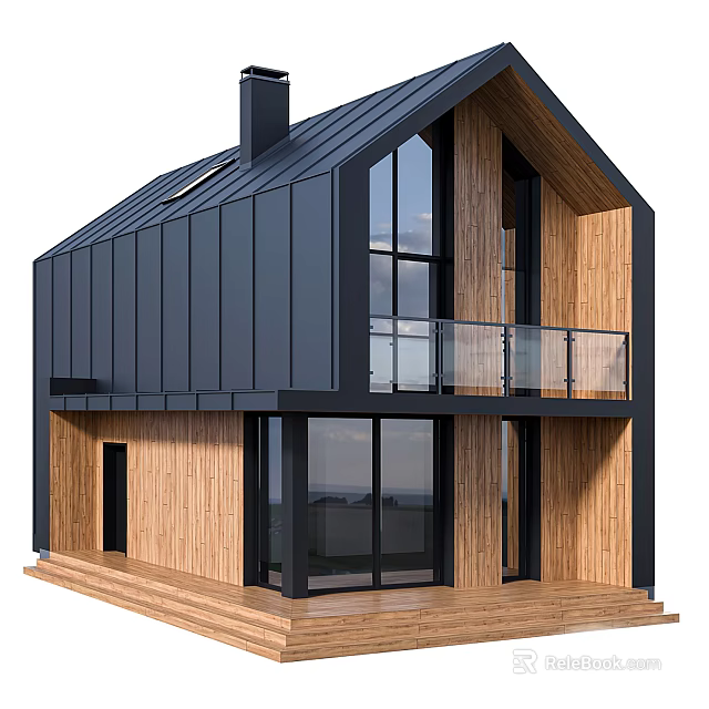 Modern Detached Villa With Black Metal Exterior Wooden Elements And Glass Railing Balcony 3d model 