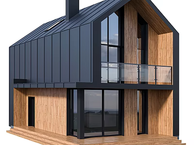 Modern Detached Villa With Black Metal Exterior Wooden Elements And Glass Railing Balcony 3d model