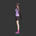 3D Female Character With Long Dark Hair Arms Outstretched In Pink Corset And Black Shorts