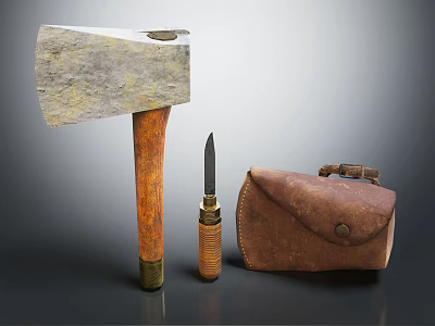 Handcrafted Stone Head Axe With Wooden Handle Small Knife And Leather Pouch 3d model