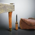 Handcrafted Stone Head Axe With Wooden Handle Small Knife And Leather Pouch