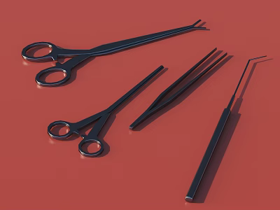 Black Surgical Instruments On Red Background With Scissors And Forceps 3d model