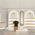 Modern Boutique Store Interior With Wooden Display Shelves Round Logo Decorative Painting And Green Plant