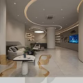 Modern Minimalist Office Reception Lobby With Comfortable Waiting Lounge And Elegant Curved Ceiling Lighting Design