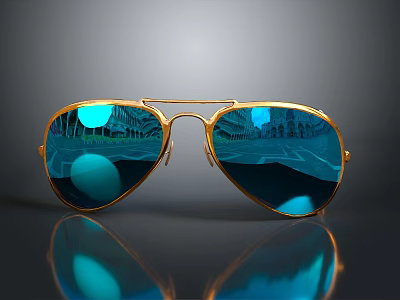 Stylish Aviator Sunglasses With Gold Frame And Blue Reflective Lenses 3d model