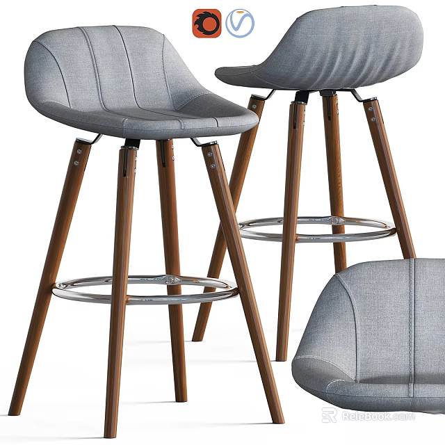 Modern Gray Upholstered Bar Stools with Wooden Legs and Metal Footrest 3d model 
