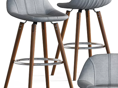Modern Gray Upholstered Bar Stools with Wooden Legs and Metal Footrest 3d model