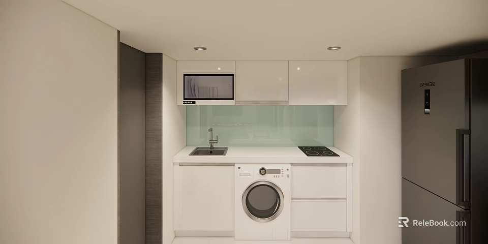 Modern Kitchen With White Cabinets Washing Machine Sink Microwave And Stove Top 3d model 