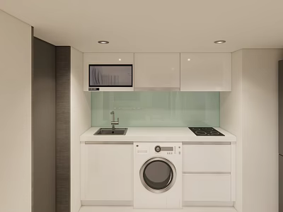 Modern Kitchen With White Cabinets Washing Machine Sink Microwave And Stove Top 3d model