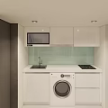 Modern Kitchen With White Cabinets Washing Machine Sink Microwave And Stove Top