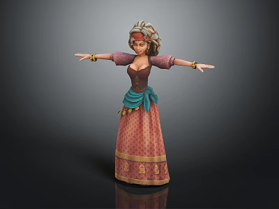 3D Rendered Female Character In Traditional Patterned Dress With Headscarf And Outstretched Arms 3d model