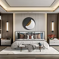 Modern Bedroom Interior Design With Circular Wall Art Wooden Nightstands Pillows And Soft Rug
