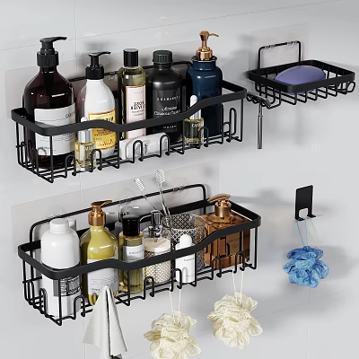 Black Metal Bathroom Organizers With Toiletries And Shower Items Storage 3d model
