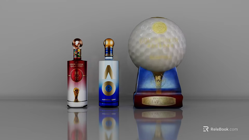 Decorative Red Blue Label Wine Bottles With Gold Caps And White Golf Ball Trophy 3d model 