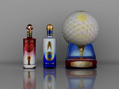 Decorative Red Blue Label Wine Bottles With Gold Caps And White Golf Ball Trophy 3d model
