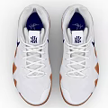 White High Top Athletic Shoes With Blue Logo And Brown Textured Sole