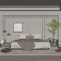 Modern Bedroom Interior Design With Neutral Tones Bed Pillows Wall Art And Green Plant