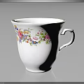 Delicate White Porcelain Cup With Colorful Floral Patterns On Body And Curved Handle
