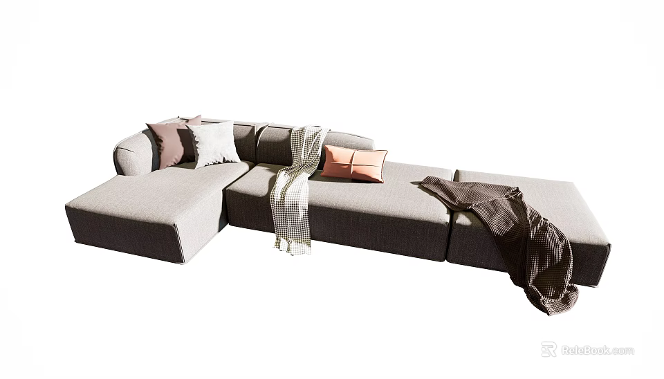 Gray Sectional Sofa With Mixed Pillows And Soft Blankets In Living Space 3d model 