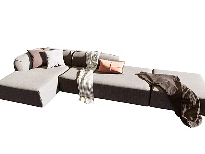 Gray Sectional Sofa With Mixed Pillows And Soft Blankets In Living Space 3d model