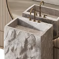 Elegant Bathroom Vanity With Round Gold Framed Mirror And Striped Wall Textured Towel