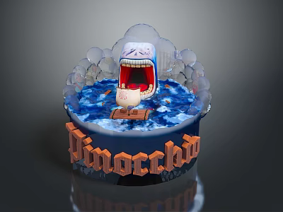 Decorative Dinorchia Ornament With Blue Water Red Open Mouthed Figure Bubbles And Orange Base Letters 3d model