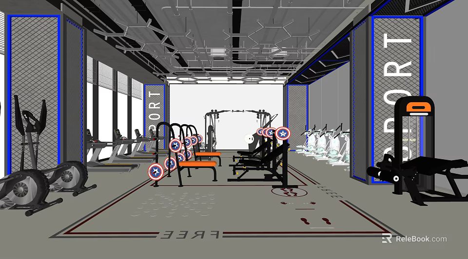 Sport Themed Gym Interior With Fitness Equipment And Workout Machines 3d model 