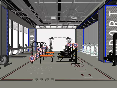 Sport Themed Gym Interior With Fitness Equipment And Workout Machines 3d model