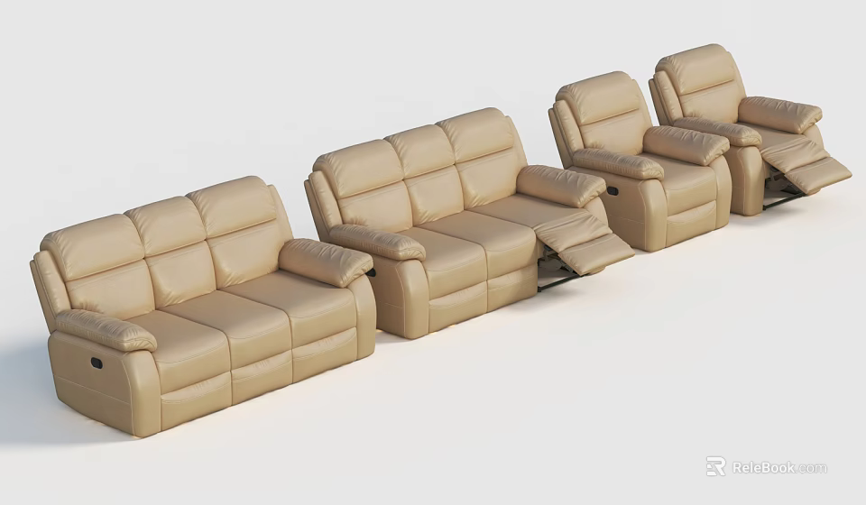 Beige Leather Reclining Sofa Set With Three Seater Two Seater And Single Seater 3d model 
