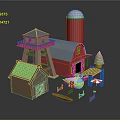 3D Farm Model Featuring Red Barn Water Tower Cottage Boat Trees And Fence