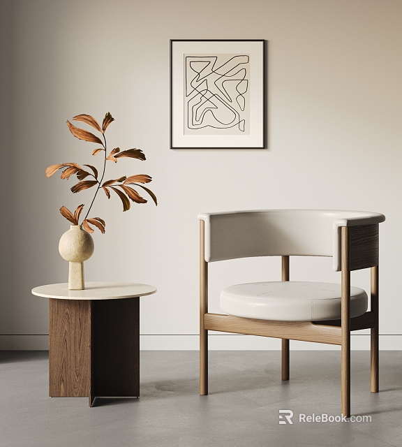 Accent Chair with Beige Cushion Wooden Frame Side Table Vase Dried Leaves Abstract Wall Art 3d model 