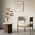 Accent Chair with Beige Cushion Wooden Frame Side Table Vase Dried Leaves Abstract Wall Art