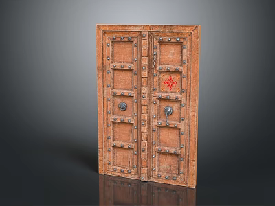 Vintage Wooden Double Doors With Metal Rivets And Red Decorative Symbol 3d model