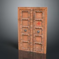 Vintage Wooden Double Doors With Metal Rivets And Red Decorative Symbol