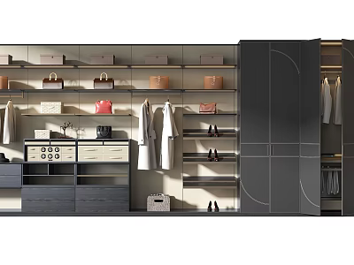 Modern Integrated Gray Beige Wardrobe With Hanging Area Shelves Bags And Shoes 3d model