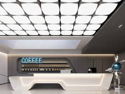 Modern Coffee Shop Interior With Neon Coffee Sign White Counter And Square Ceiling Lights 3d model