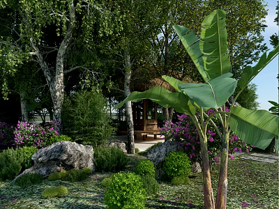 Beautiful Garden Landscape with Trees Pavilion Rocks Purple Flowers and Green Shrubs 3d model