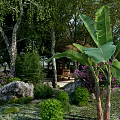 Beautiful Garden Landscape with Trees Pavilion Rocks Purple Flowers and Green Shrubs