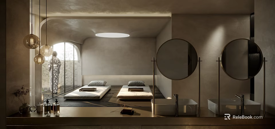 Modern Hotel Guest Room With Two Beds Arched Window And Round Mirror 3d model 