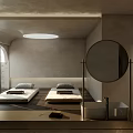 Modern Hotel Guest Room With Two Beds Arched Window And Round Mirror