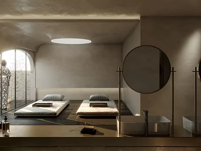 Modern Hotel Guest Room With Two Beds Arched Window And Round Mirror 3d model