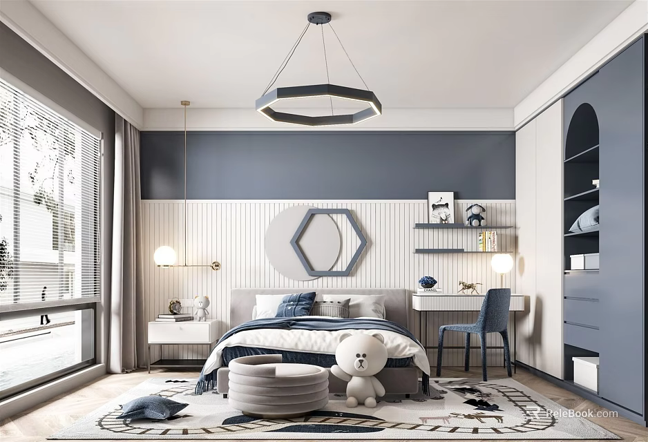 Blue Kids Room Interior With Bed Plush Toy Desk Chair Rug And Pendant Light 3d model 