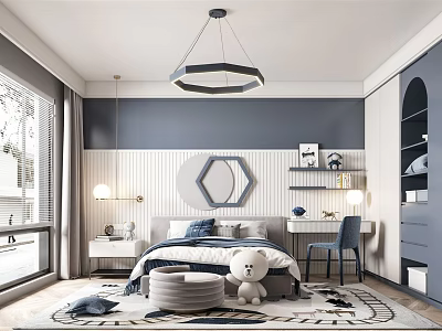 Blue Kids Room Interior With Bed Plush Toy Desk Chair Rug And Pendant Light 3d model