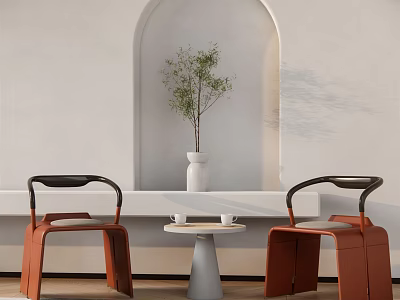 Elegant Red Armchairs With Black Armrests And White Round Table In Interior Arched Niche 3d model