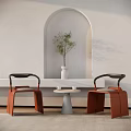 Elegant Red Armchairs With Black Armrests And White Round Table In Interior Arched Niche