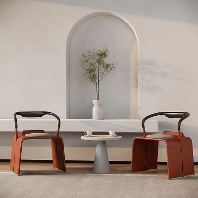 Elegant Red Armchairs With Black Armrests And White Round Table In Interior Arched Niche 3d model