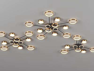 Modern Artistic Ceiling Lights with Branch Like Structure And Multiple Golden Rings and Small Lamps 3d model