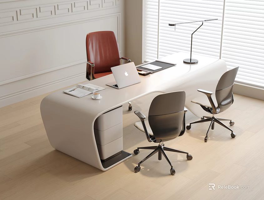 Curved White Office Desk With Laptop Table Lamp Documents And Red Black Chairs Near Window Blinds 3d model 