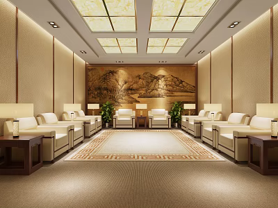 Traditional Chinese Meeting Room With Beige Walls Square Skylight Ceiling White Sofas And Green Plants 3d model