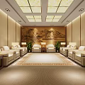 Traditional Chinese Meeting Room With Beige Walls Square Skylight Ceiling White Sofas And Green Plants